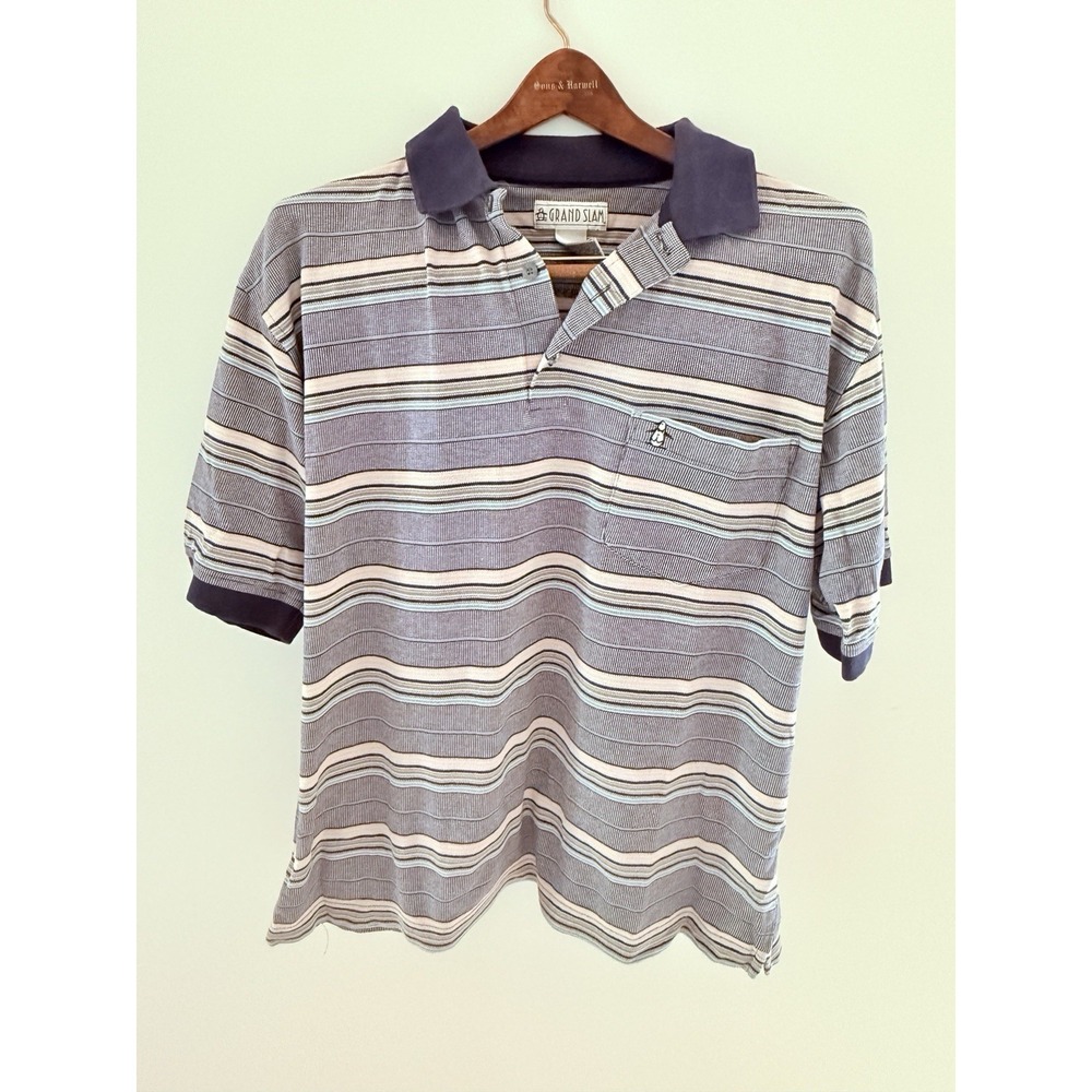 Grand Slam Munsingwear Polo Shirt Mens L Blue Striped Penguin Logo Logo 70s